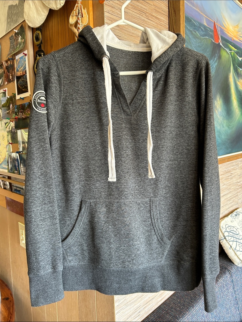 Vintage Roots Women’s Charcoal Hooded Pullover with White Drawstrings